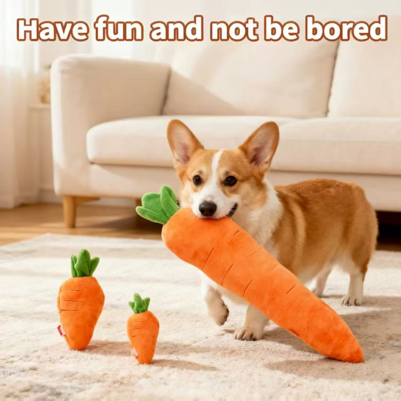 Pet Carrot Craze! Premium Plush Dog Toy – Soft & Fluffy, Just Like a Crisp Fresh Carrot! Built-in squeaker: squeeze it, and your pup goes crazy with joy~ Cute modern cartoon style, bite-resistant and ultra-durable. Daily play, boredom buster, teething helper – all in one! Your fur baby’s exclusive "veggie buddy" – looks AND toughness, double the awesome!